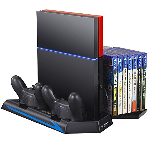 Zacro PS4 Standfuß Vertikalständer PS4 Kühler mit Dual Ladestation für PlayStation 4 - DualShock 4 Wireless Controller, Mit Dual USB HUB Ports und Disc Storge Manager, Bis zu 14 Stück Disc zu stellen, Multifunctional