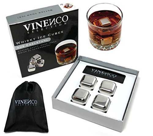 Whisky Steine Ice Cubes Set von VINENCO - Wiederverwendbare Edelstahl Eiswürfel + Stoffbeutel (4er Set)