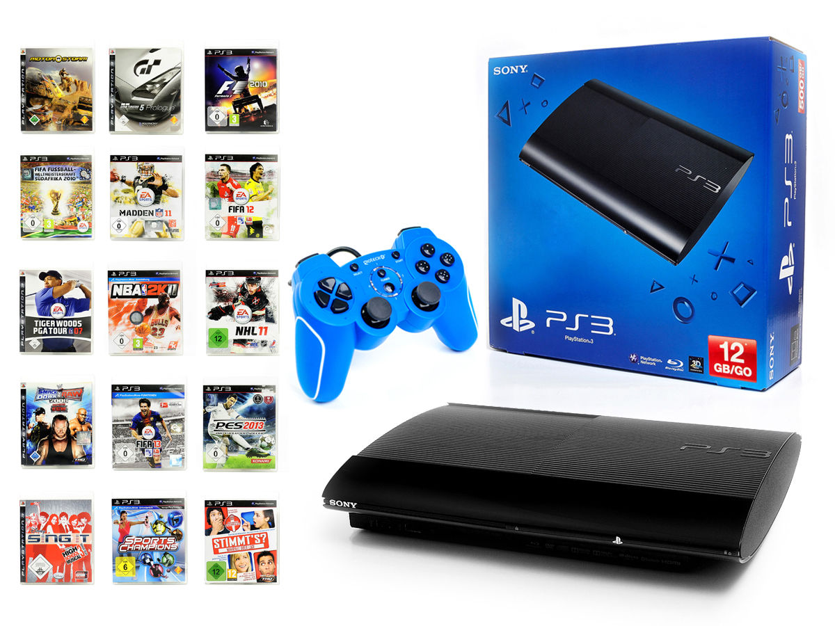SONY PS3 Konsole 12GB SUPER SLIM+NEUEN Wired Gamepad BLAU Spielkonsole+1 Spiel