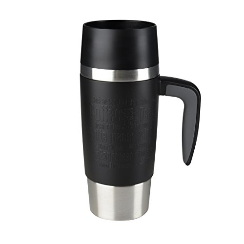 Emsa 514096 Isolierbecher mit Griff, Mobil genießen, 360 ml, Quick Press Verschluss, Schwarz, Travel Mug Handle