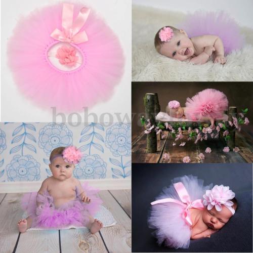 Neugeborenes Baby Set Mädchen Kleid + Stirnband Tütü Kostüm Fotoshooting Rosa 