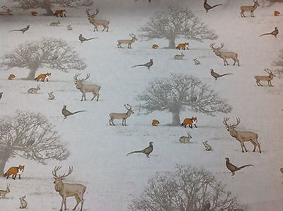 FRYETT`S 100% Cotton TATTON Woodland Fabric for Curtain/Upholstery-Fox-Stag-Deer