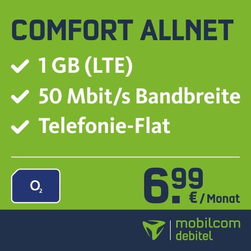mobilcom-debitel Comfort Allnet im o2 Netz (6,99 EUR monatlich, 24 Monate Laufzeit, Telefonie-Flat in alle deutschen Netze, 1GB Internet Flat, LTE mit max. 50 MBit/s, Triple-Sim-Karten)