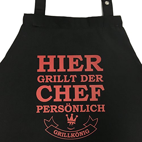 Hier grillt der Chef persönlich - Grillschürze, Kochschürze, Latzschürze mit verstellbarem Nackenband und Seitentasche - Grillkönig Edition