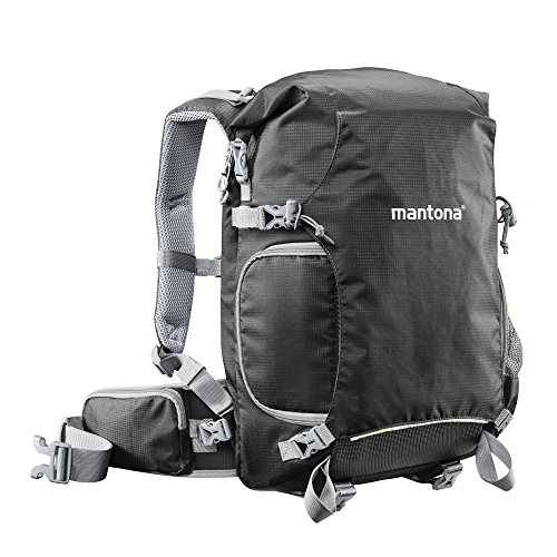 Mantona ElementsPro 30 Outdoor Rucksack (inkl. abnehmbaren Bauchgurt und Regenhülle, geeignet für DSLR- oder Systemkameraausrüstung) schwarz