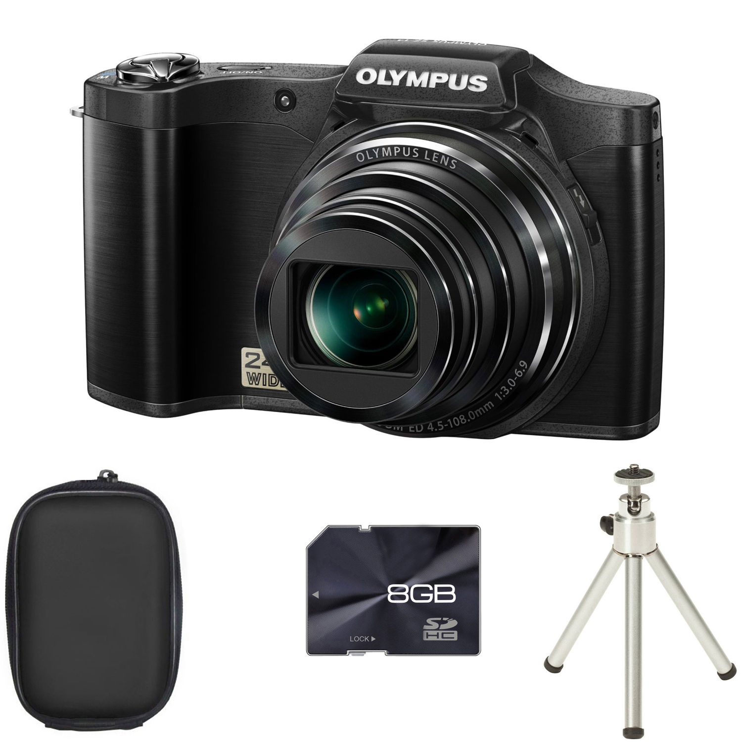 Olympus Stylus SZ-14 Digital Camera - Black + Case + 8GB Card + Tripod