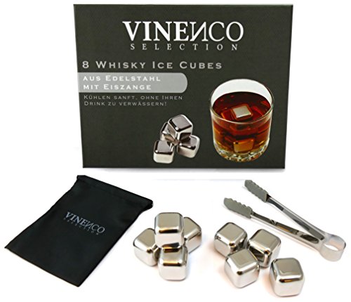 Whisky Steine Ice Cubes Set von VINENCO - 8 Wiederverwendbare Edelstahl Eiswürfel + Stoffbeutel | 8er Set Whiskey Rocks Stones
