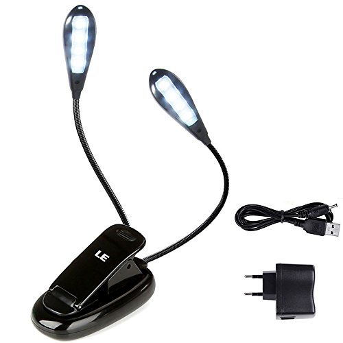 LE Doppelkopf 8 LEDs Buchlampen, wiederaufladbar LED Klemmleuchte, mini Schreibtischlampe, Notenpultleuchten, 4 Helligkeitsstufen, inklusiv AC-Adapter und USB-Kabel, Kaltweiß, Leuchte für Notenständer, kinderbeleuchte
