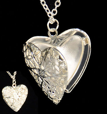 Heart Shaped Locket Pendant Necklace Silver Plated Vintage On Long Chain Gift