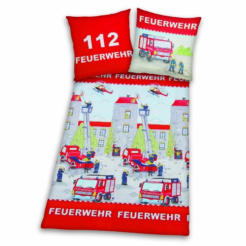 Herding 445172050 Bettwäsche Feuerwehr, Kopfkissenbezug: 80 x 80 cm + Bettbezug: 135 x 200 cm, 100 % Baumwolle, Renforce