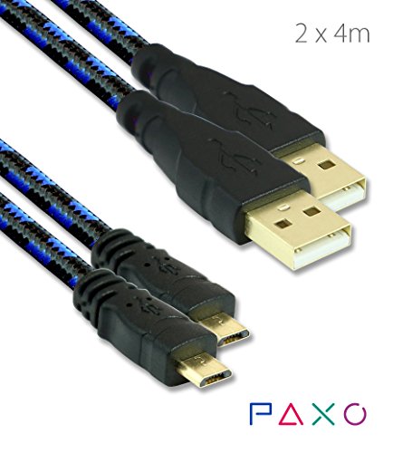 2 x 4m PS4 Ladekabel für PS4 Controller, USB auf Micro USB Kabel lang, geflochten, vergoldet, blau/schwarz
