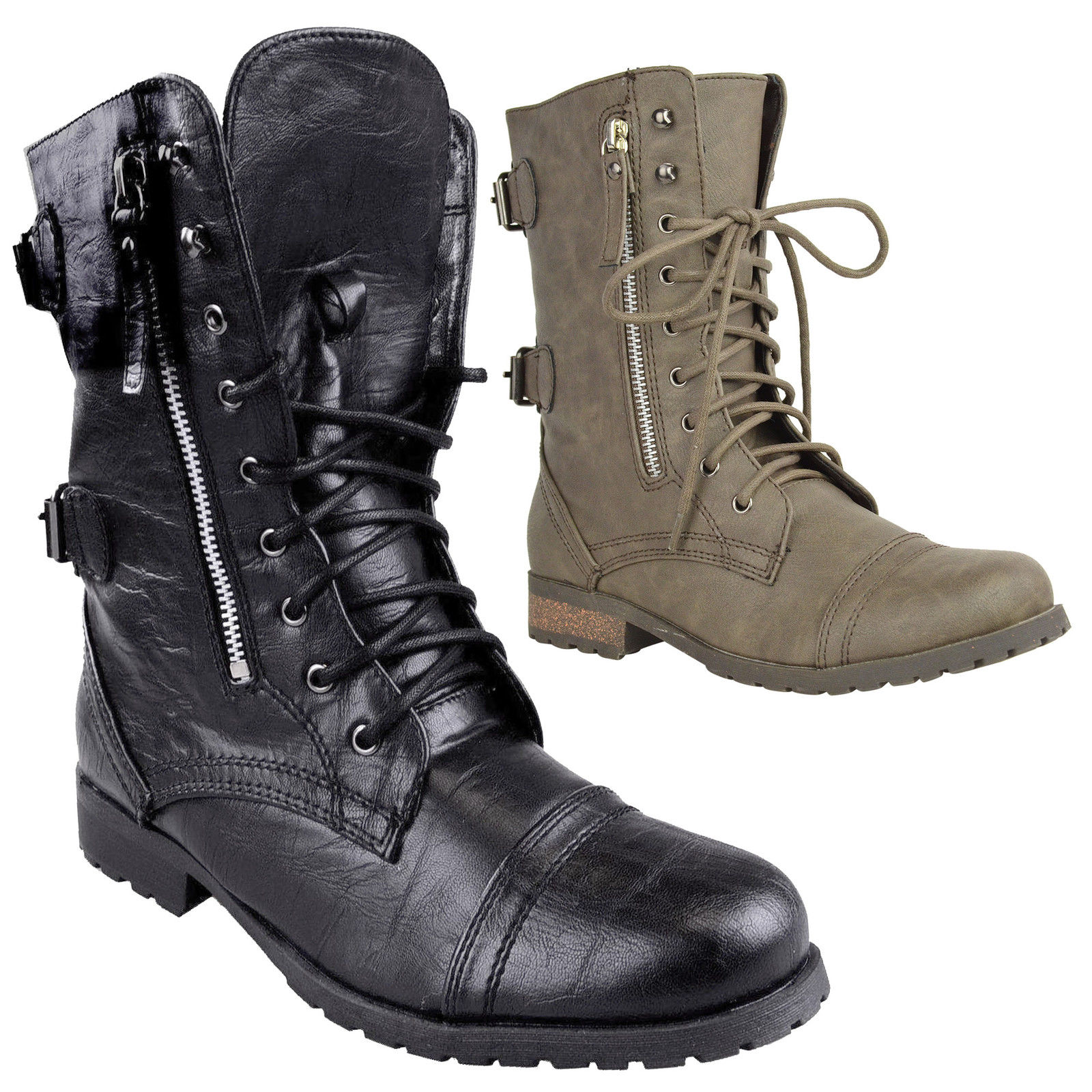 LADIES WOMENS COMBAT ARMY MILITARY WORKER LACE UP FLAT BIKER ZIP ANKLE BOOTS