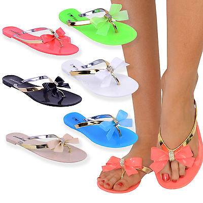 WOMENS LADIES TOE BOW DIAMANTE JELLY SUMMER FLAT FLIP FLOP THONG SANDALS SIZE