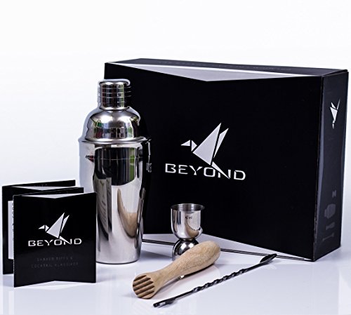 BEYOND Premium Cocktail Shaker Set aus Edelstahl: 500 ml Shaker, Stößel, Messbecher, Löffel und Broschüre