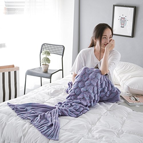 WLM Meerjungfrau-Endstück-Häkelarbeit-Decke-weiche Sofa-Nixe-Decke strickte Meerjungfrau-Schwanz-erwachsene Schlaftasche die ganze Jahreszeit. (Leicht lila)