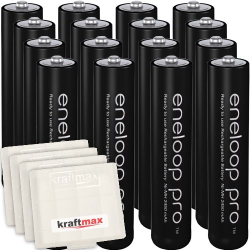 Kraftmax 16er-Pack Panasonic Eneloop PRO XX AAA / Micro Akkus - Neueste Generation - 950 mAh Hochleistungs Akku Batterien in Kraftmax Akkubox V5, 16er Pack