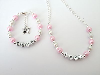 Girls personalised necklace + bracelet gift set - any name, colour and charm! 
