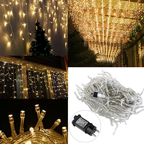 LEORX 216 LED Eiszapfen Lichterkette zum Neujahren Decoration, 8 Modi, für Drinnen und Draussen, Wunderbar für Partys zu Hause im Garten oder als Dekoration (Warm Weiß)