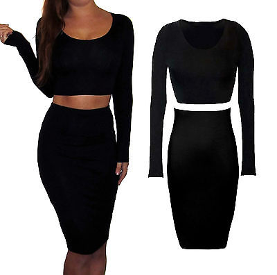 Sexy 2 Piece Set Jersey Midi Wiggle Skirt And Crop Top Long Sleeve Stretch 8-14