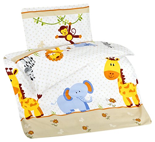 Aminata Kids - Kinderbettwäsche Bettwäsche Kinder 100x135 cm Baumwolle Jungen Mädchen Zoo-TiereTiermotiv Elefant Giraffe Zootiere Affe Wildetiere Babybettwäsche