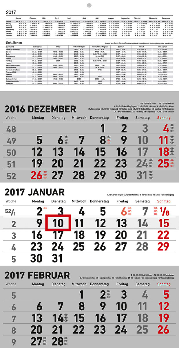 3-Monatskalender 2017 Bürokalender Wandkalender 45x24cm Büro 3 Monate Kalender 