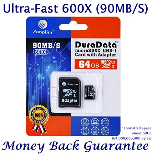 64GB Micro SD Karte Plus Adapter (Class 10 UHS-I MicroSDXC Extrem Pro Speicherkarte) 64 GB Ultra Schnelle Geschwindigkeit 90MB/s 600X UHS-1 Microsd SDXC Pack. Amplim® 64G Hochleistungs Handy TF G5
