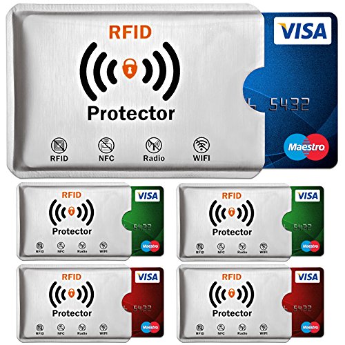 Travando ® RFID-Schutzhülle Set (5 Stück) für Bankkarte, EC-Karte, Personalausweis, Kreditkarten - 100% Schutz vor kontaktlosen RFID & NFC Funk-Chips, Betrug und Kratzern - GRATIS E-Book