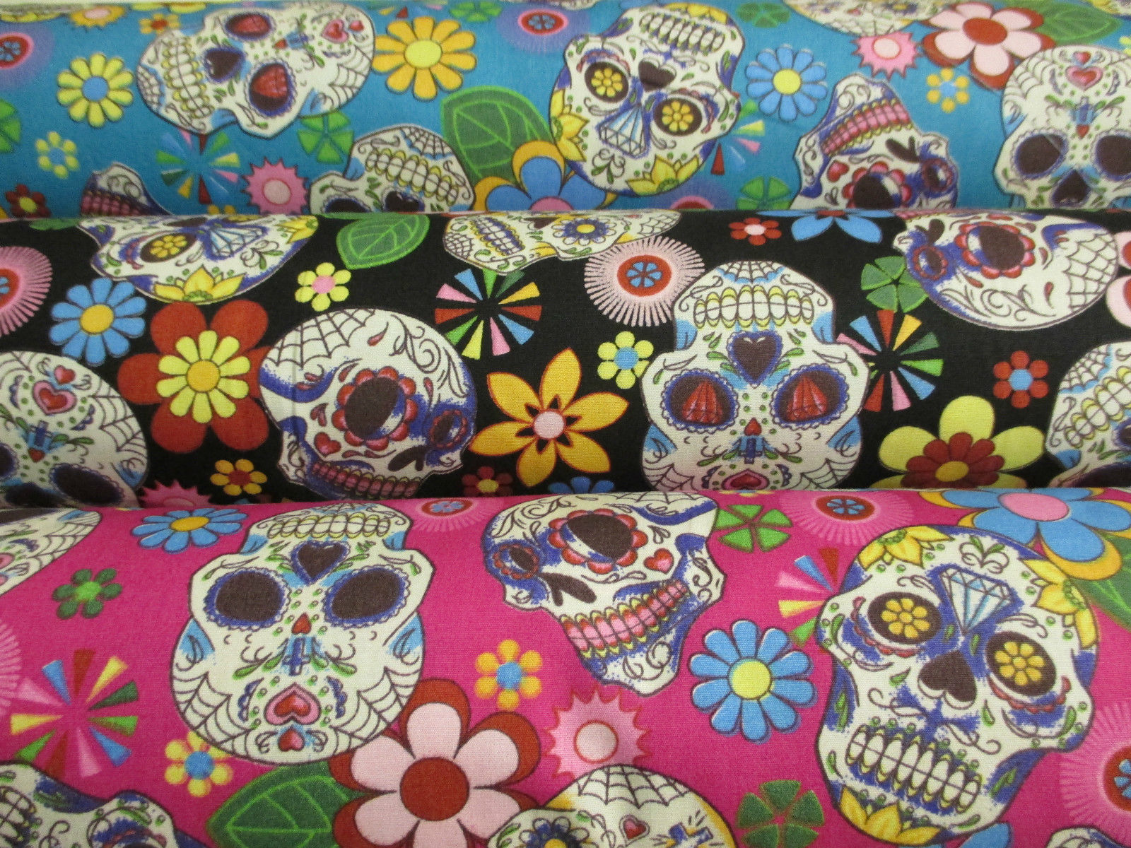 Mexican Day Of The Dead, Sugar Candy Skulls 100% Cotton Poplin Printed Fabric. 