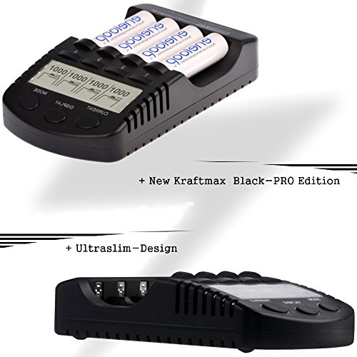 Kraftmax BC-4000 Pro Akku Ladegerät mit LCD-Display und Mikroprozessor / Hochleistungs- Schnellladegerät für Akkus der neuesten Generation optimiert (z.B. für Eneloop Akku Batterien) schwarz