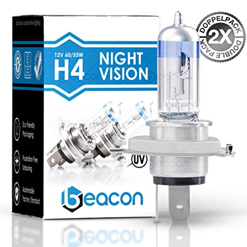 Beacon H4 Night Vision Scheinwerferlampe - Höchste Sicherheit bei Nebel, Regen, Schnee und nasser Fahrbahn - Passt in alle PKW mit H4 Lampen P43t Sockel (12V 60/55W) für Abblendlicht und Fernlicht inkl. Straßenzulassung im eco-freundlichen Doppelpack (2 S