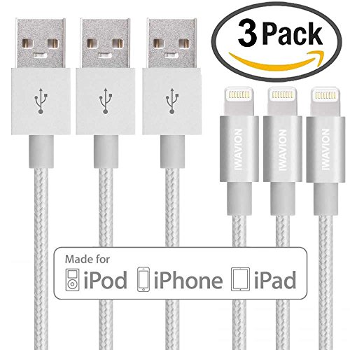 iPhone Ladekabel, IWAVION 3Pack 1M Lightning Kabel Nylon USB Sync Datenkabel für Apple iPhone 7/7 plus, 6/6 Plus, 6s/6s Plus, 5/5c/5s/SE, iPad Air/Mini/Pro, iPod touch 5th/Nano 7th Generation(Silber)