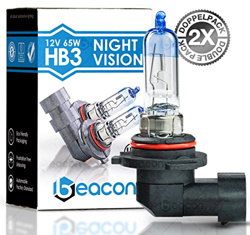 Beacon HB3 Night Vision Scheinwerferlampe - Höchste Sicherheit bei Nebel, Regen, Schnee und nasser Fahrbahn - Passt in alle PKW mit HB3 Lampen P20d Sockel (12V 65W) für Fernlicht inkl. Straßenzulassung im eco-freundlichen Doppelpack (2 Stück HB3 Glühbirne