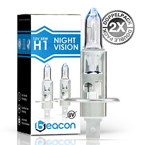Beacon H1 Night Vision Scheinwerferlampe - Höchste Sicherheit bei Nebel, Regen, Schnee und nasser Fahrbahn - Passt in alle PKW mit H1 Lampen P14,5s Sockel (12V 55W) für Abblendlicht und Fernlicht inkl. Straßenzulassung im eco-freundlichen Doppelpack (2 St