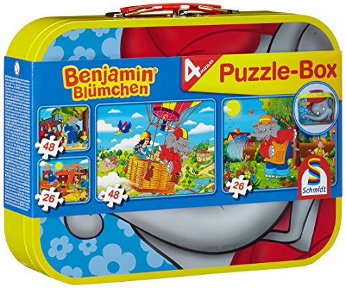 Schmidt Spiele 55594 - Benjamin Blümchen, Puzzle-Box 2 x 26, 2 x 48 Teile im Metallkoffer