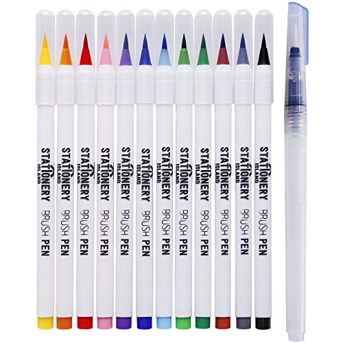 Stationery Island Brush Pens Set - 12 Bunte Farben + 1 Innovativer Aqua Pinsel - Vermischbare Pinselstifte Mit Flexiblen, Echten Bürste-Spitzen