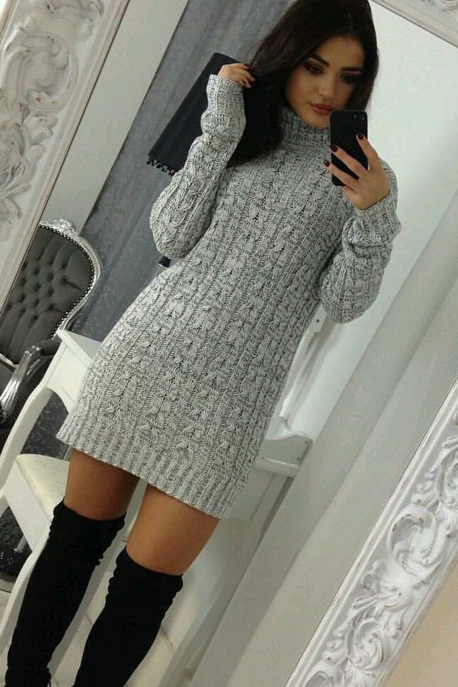Ladies Womens Cable Knitted Polo Roll Neck Jumper Long Sleeve Stretch Dress