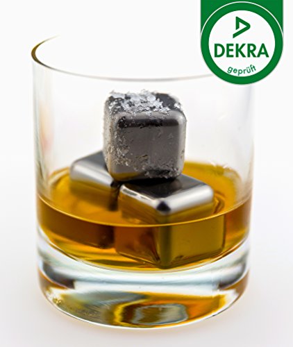 6 Profi Edelstahl Whiskey Steine ~ mit Gratis Aufbewahrungsbeutel ~ Wiederverwendbare Whisky Eiswürfel von Senfine aus Edelstahl für Liquide Genussmittel