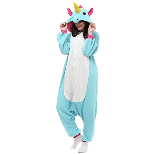 Unicsex Süß Einhorn Overall Pyjama Kostüme Schlafanzug Für Kinder / Erwachsene (S, Blau)