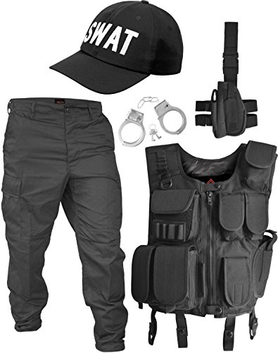 SWAT Kostüm bestehend aus Weste, Hose, Pistolenholster, Cap und Handschellen Größe M