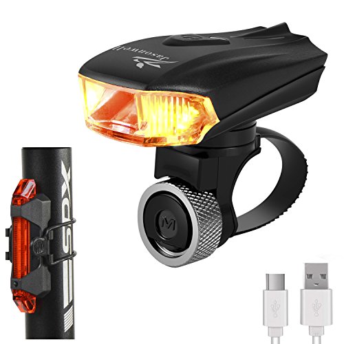 Jasonwell Superhelle, smarte, strapazierfähige Fahrradlampe aus Aluminiumlegierung, per USB aufladbar, LED-Fahrrad-Kopflampe, GRATIS per USB aufladbares RÜCKLICHT inklusive, 400 Lumen LED-Fahrradlicht