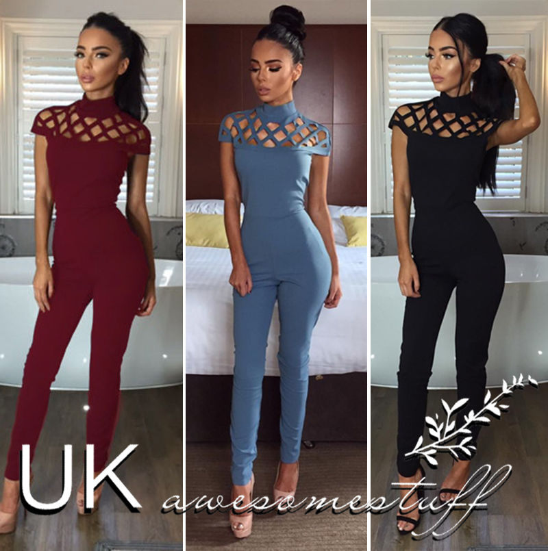 UK Womens Choker High Neck Caged Sleeve Playsuit Ladies Jumpsuit Size 6 - 18