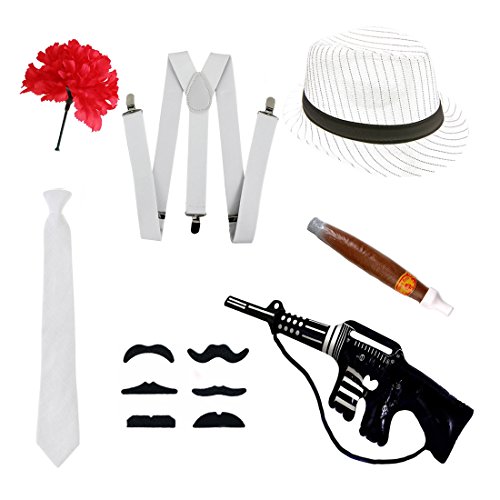 Gangster Fancy Kleid Set-Trilby Hut, Krawatte, Hosenträger, Zigarre, Schnurrbart & Nelke