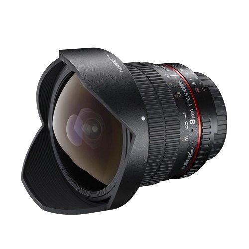 Walimex Pro 8 mm 1:3,5 DSLR Fish-Eye II Objektiv AE für Nikon F Objektivbajonett schwarz (mit abnehmbarer Gegenlichtblende)