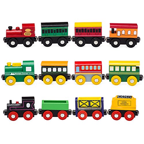 Playbees 12 Teile Holzeisenbahn Set, Waggons und Lokomotiven Kompatibel mit Brio und Eisenbahn Sets anderer Namen