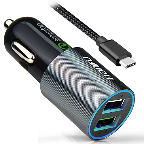 HANFU Quick Charge 3.0 Car Charger Dual USB Fast Port Adapter 6.5a 34w Universal Metal Blue Ring LED for Type C Nexus 6 iphone 7 6 6s Plus Android Apple Mobile Device Samsung Note S6 S7 Edge ipad Rapid Charge QC3.0 Splitter