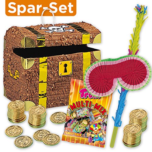 PINATA-SET: Pinata Schatztruhe + 144 Goldmünzen + Schläger + Maske + Süßigkeiten-Füllung