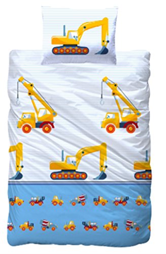 Aminata Kids - Kinderbettwäsche Bagger 100x135 cm / 40x60 cm - Jungen Bettwäsche Baustelle Baumaschinen- KINDERBETTGRÖßE