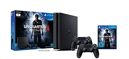 PlayStation 4 - Konsole (1TB, schwarz,slim) inkl. Uncharted 4 + 2 DualShock 4 Controller