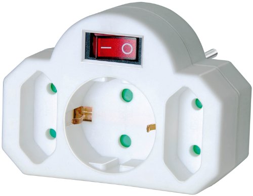 Brennenstuhl Mehrfachsteckdose, Steckdosenadapter 3-fach mit Schalter zum Stromsparen (2 x Eurosteckdose & 1 x Schutzkontakt) Farbe: weiß