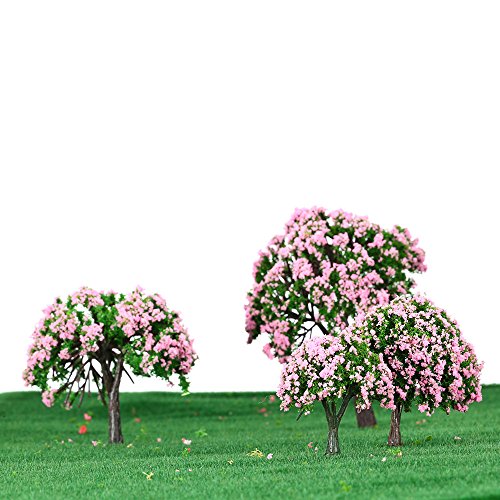 GoolRC 4 Stück Kunststoff Modell Bäume Zug Layout Garten Landschaft Weiß und rosa Blumen Bäume Diorama Miniatur Rosa